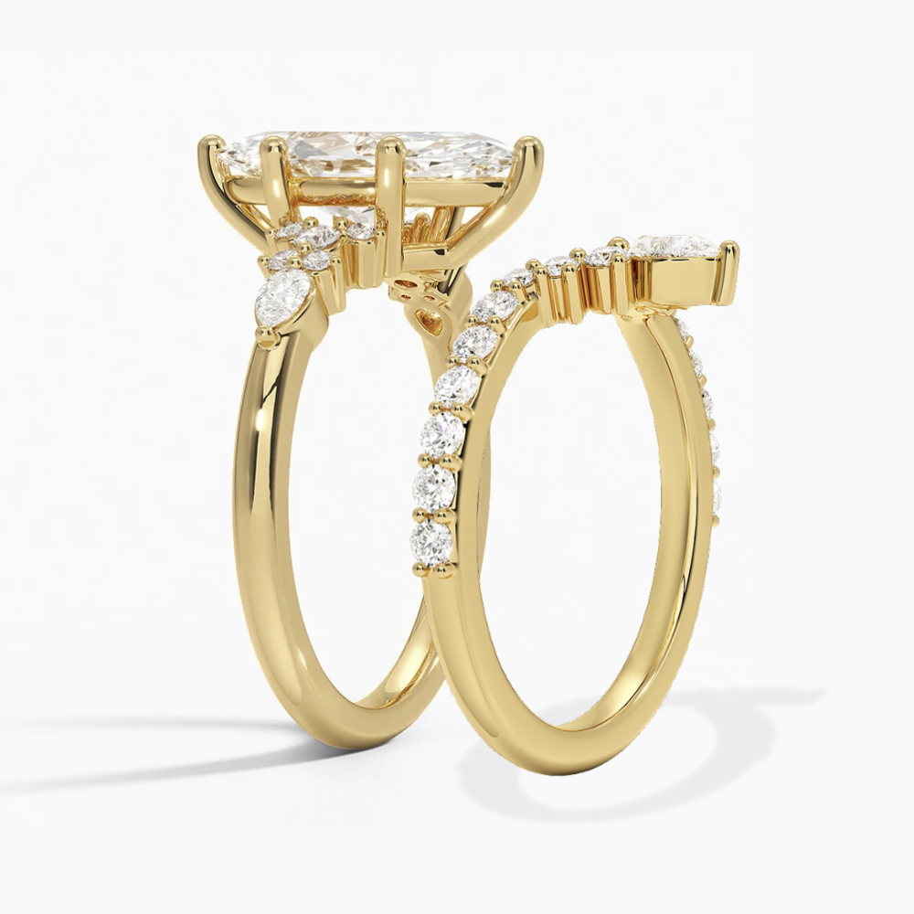 Katie Marquise Lab Diamond Bridal Ring Set - Marquise Pave 3 ct  + V-shaped Band Yellow Gold 18K