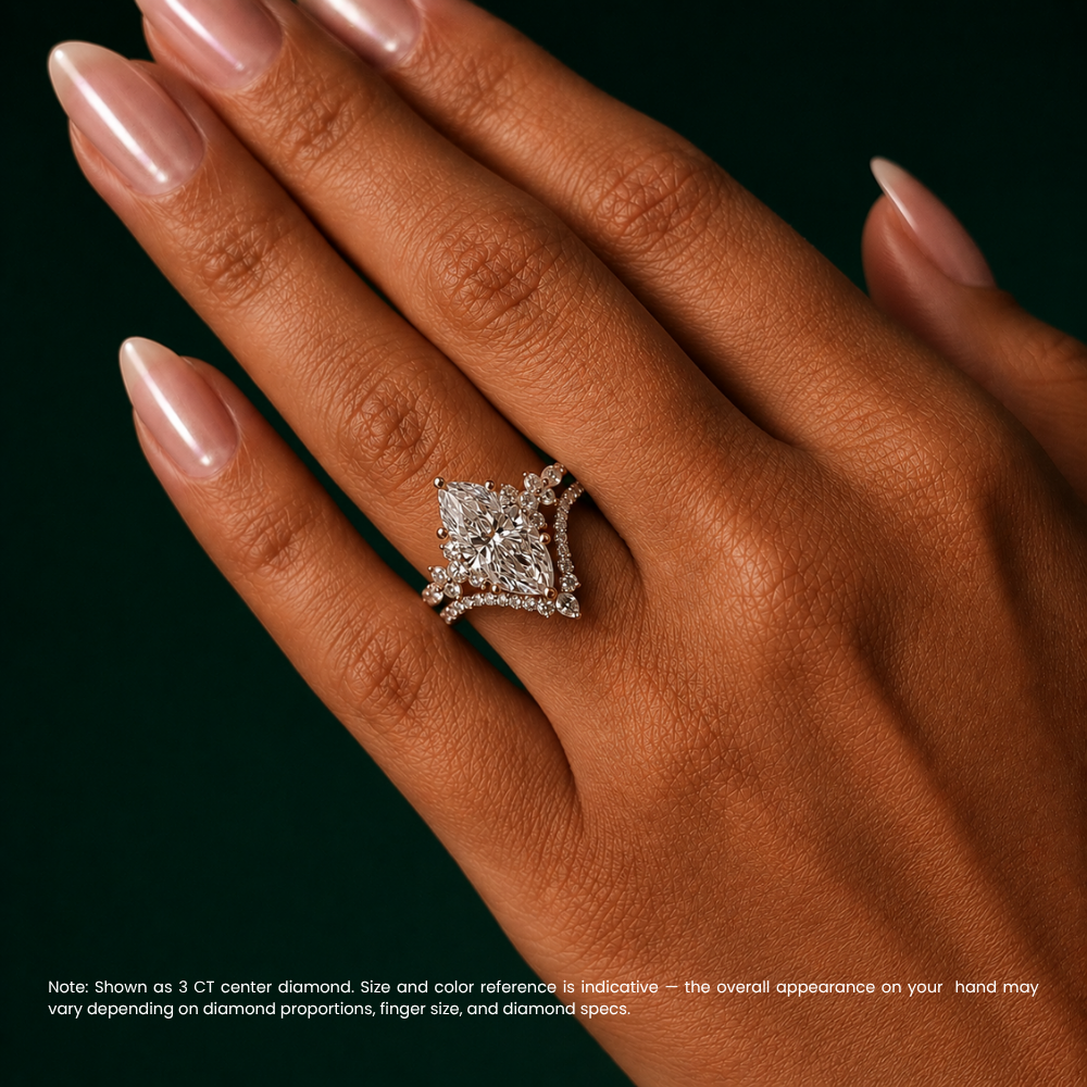 Katie Marquise Lab Diamond Bridal Ring Set - Marquise Pave 3 ct  + V-shaped Band Yellow Gold 18K