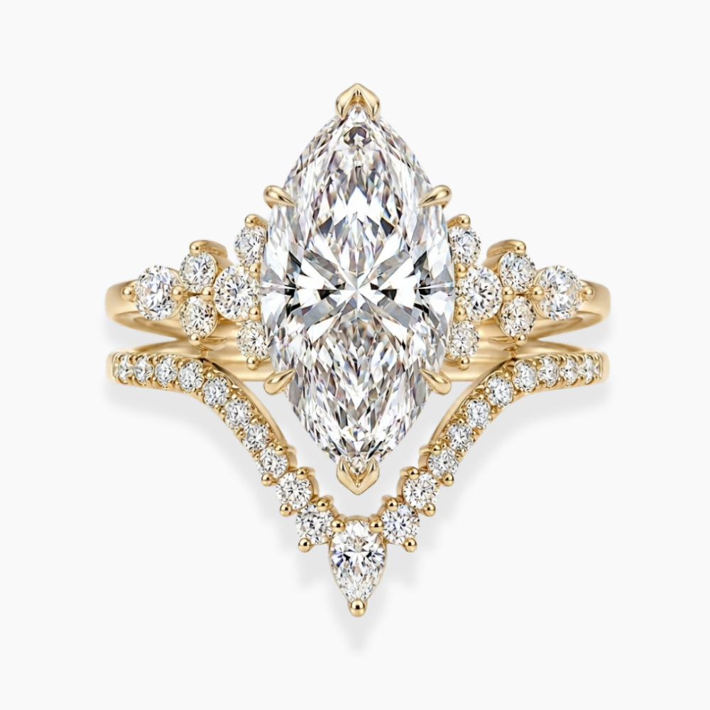Katie Marquise Lab Diamond Bridal Ring Set - Marquise Pave 3 ct  + V-shaped Band Yellow Gold 18K