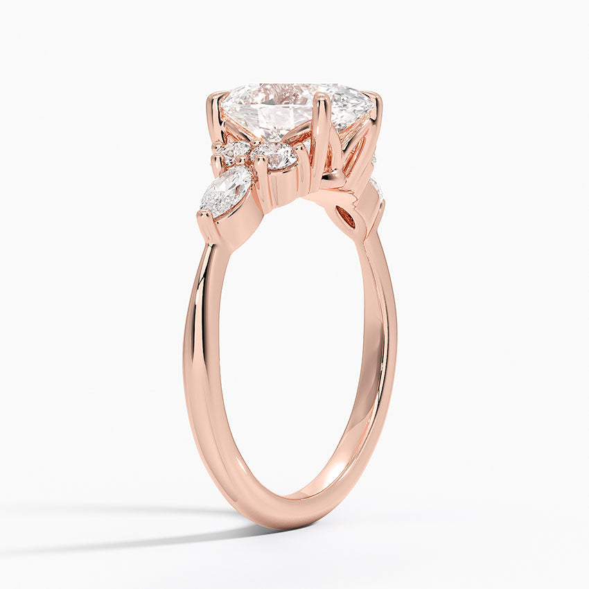 Rosea Accents (Marquise and Round Side Stones) Lab Diamond Ring in 18K Gold - Oval