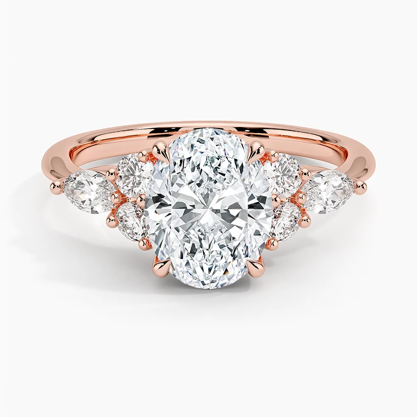 Rosea Accents (Marquise and Round Side Stones) Lab Diamond Ring in 18K Gold - Oval