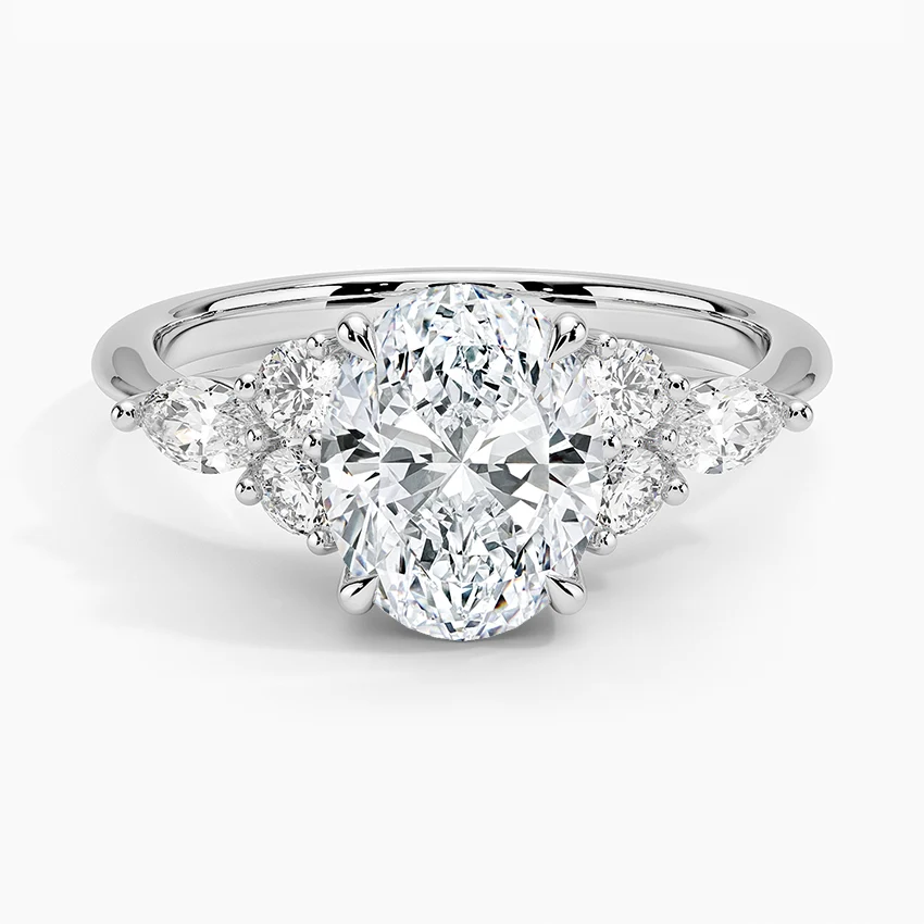 Rosea Accents (Marquise and Round Side Stones) Lab Diamond Ring in 18K Gold - Oval