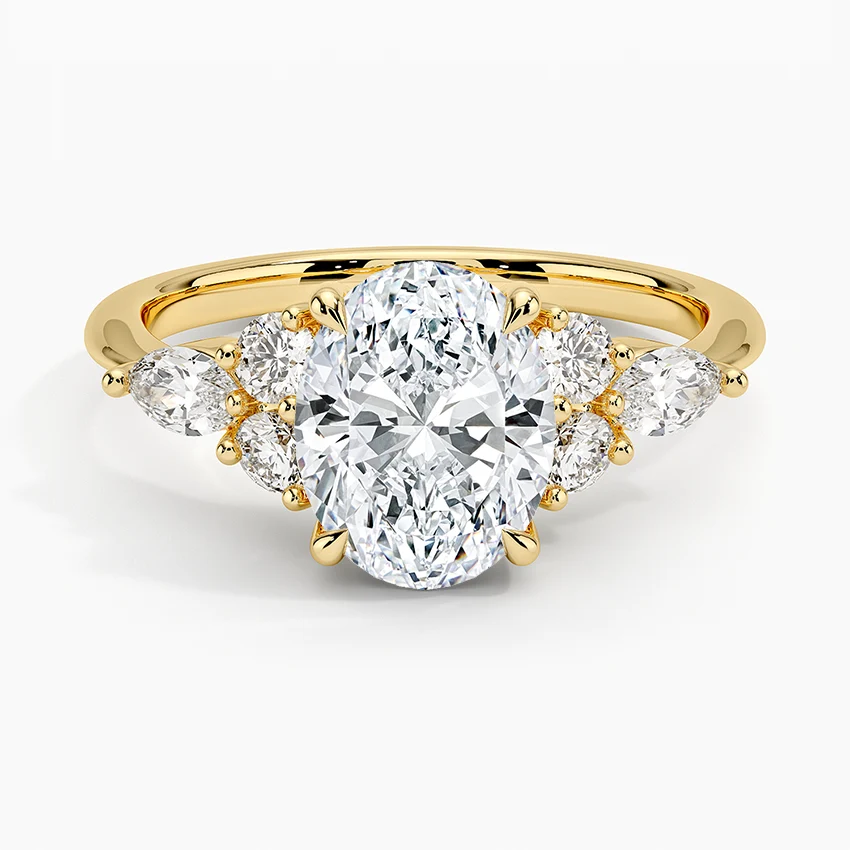 Rosea Accents (Marquise and Round Side Stones) Lab Diamond Ring in 18K Gold - Oval
