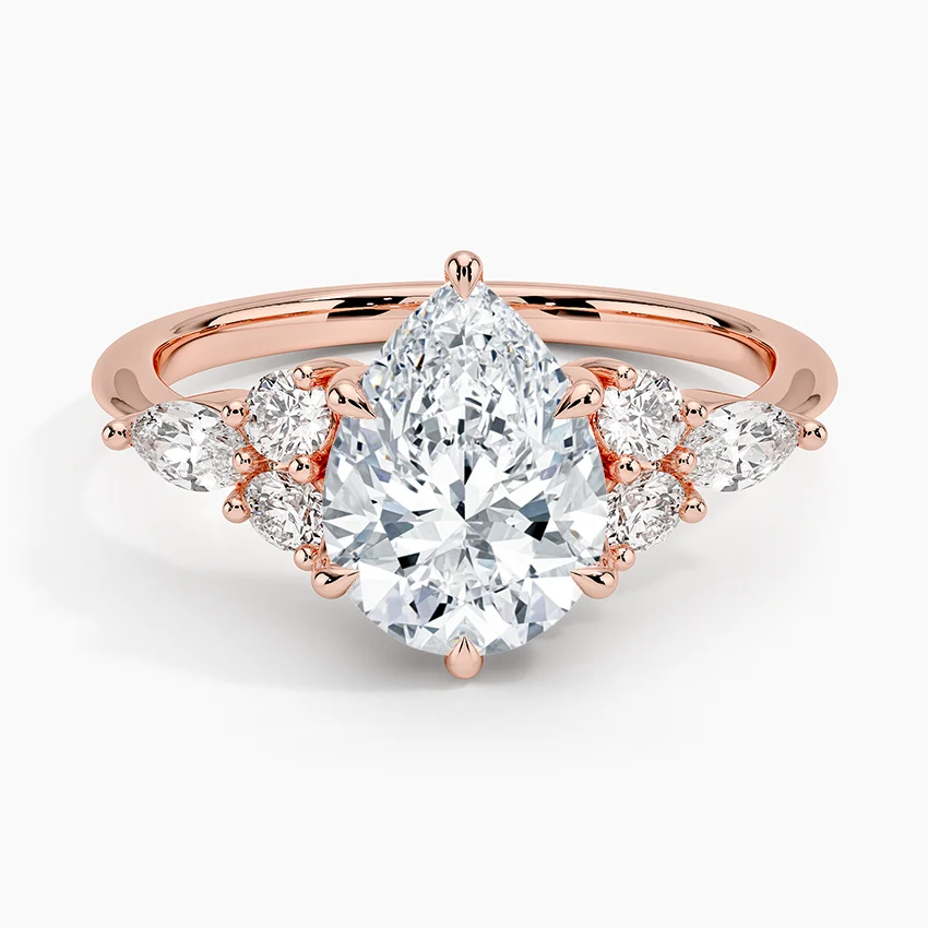 Rosea Accents (Marquise and Round Side Stones) Lab Diamond Ring in 18K Gold - Pear