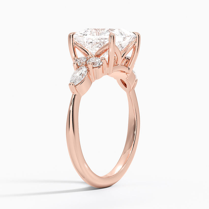 Rosea Accents (Marquise and Round Side Stones) Lab Diamond Ring in 18K Gold - Princess