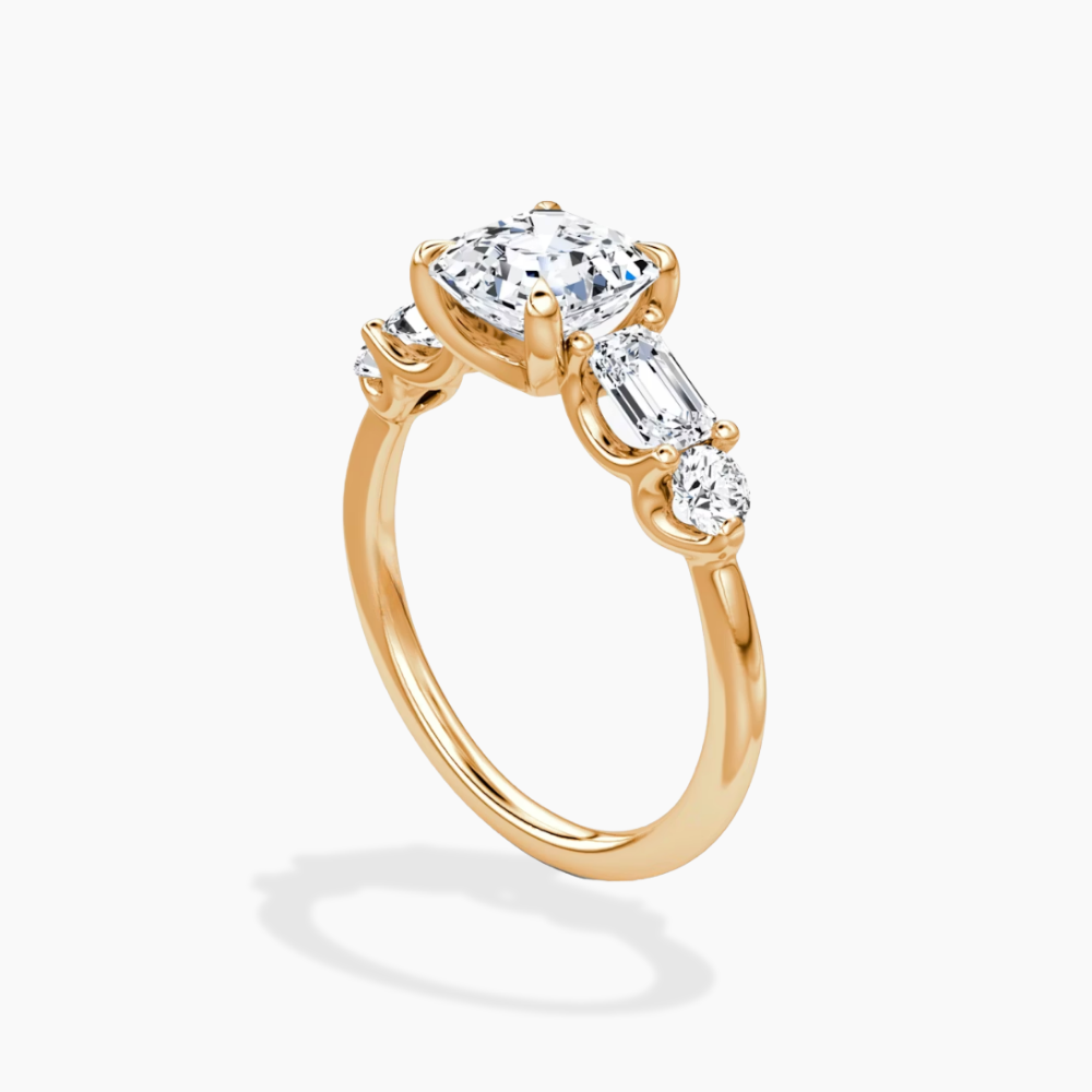 Leona Accents Asscher (Round and Baguette Side Stones) Lab Grown Diamond Engagement Ring in 18K Gold