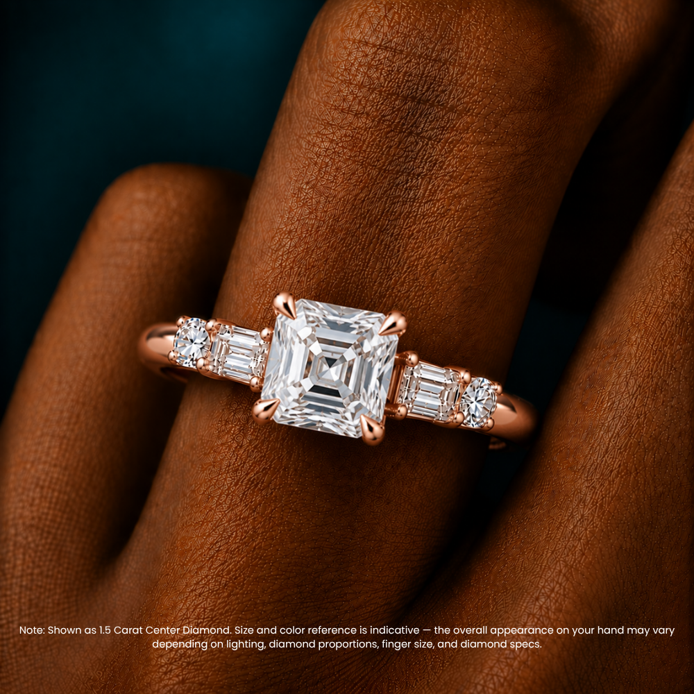 Leona Accents Asscher (Round and Baguette Side Stones) Lab Grown Diamond Engagement Ring in 18K Gold