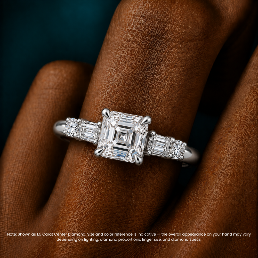 Leona Accents Asscher (Round and Baguette Side Stones) Lab Grown Diamond Engagement Ring in 18K Gold