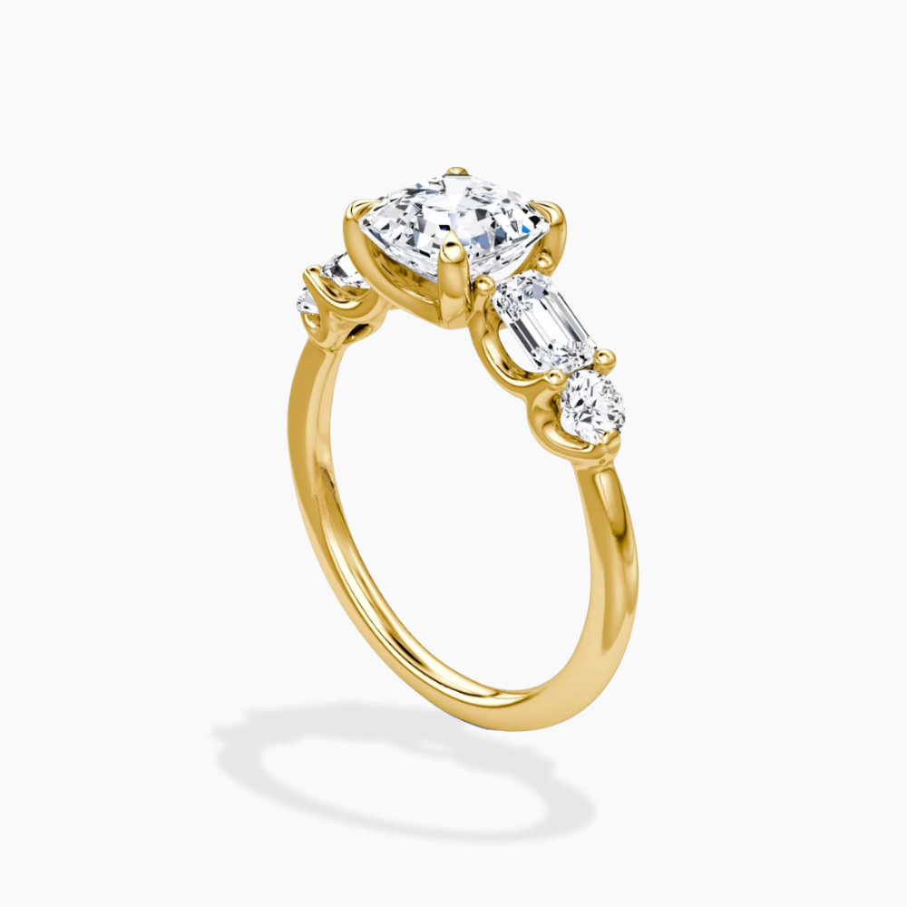 Leona Accents Asscher (Round and Baguette Side Stones) Lab Grown Diamond Engagement Ring in 18K Gold