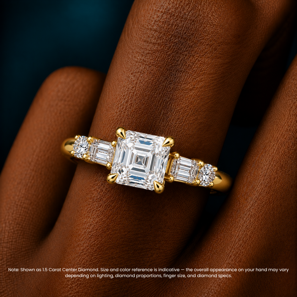 Leona Accents Asscher (Round and Baguette Side Stones) Lab Grown Diamond Engagement Ring in 18K Gold