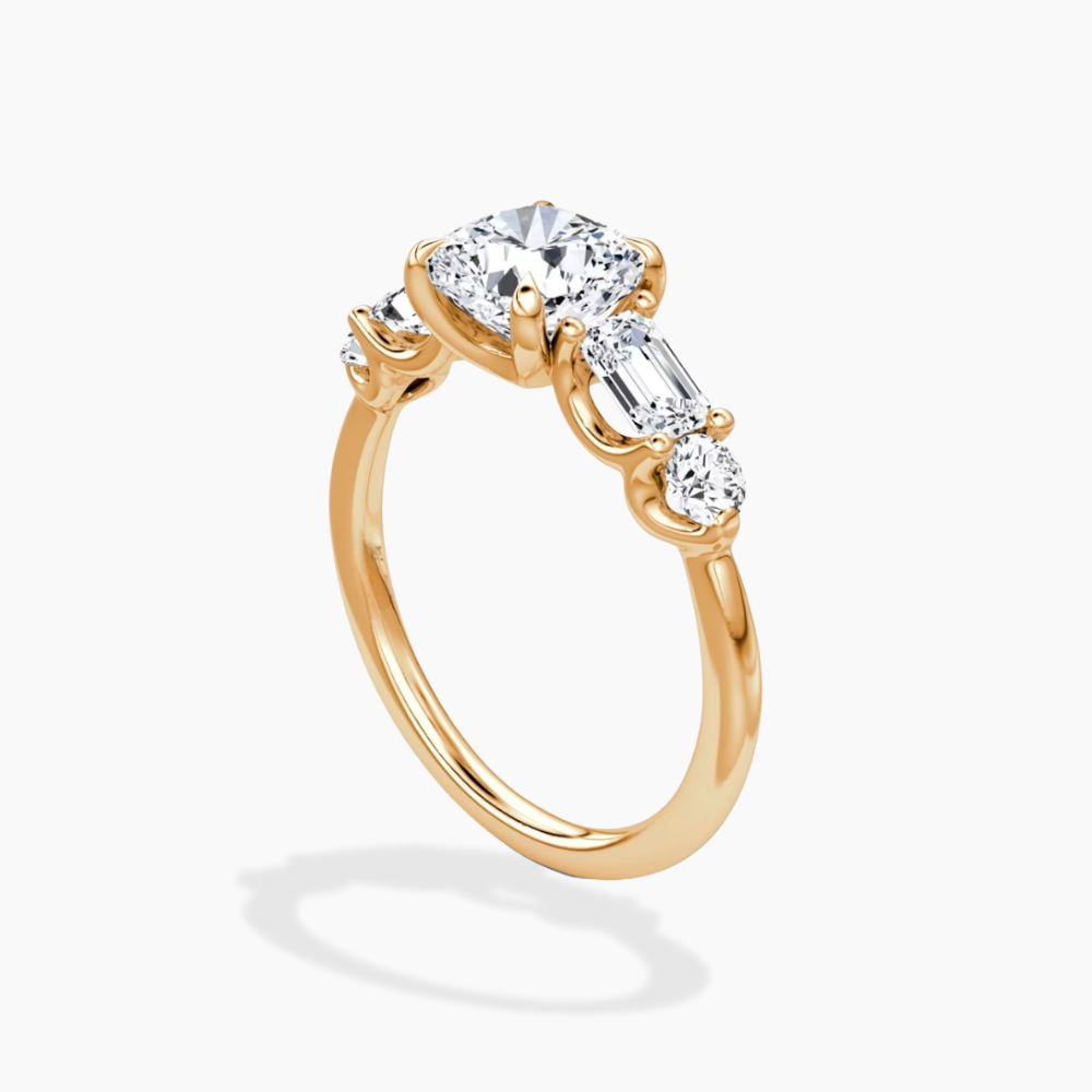 Leona Accents Cushion (Round and Baguette Side Stones) Lab Grown Diamond Engagement Ring in 18K Gold