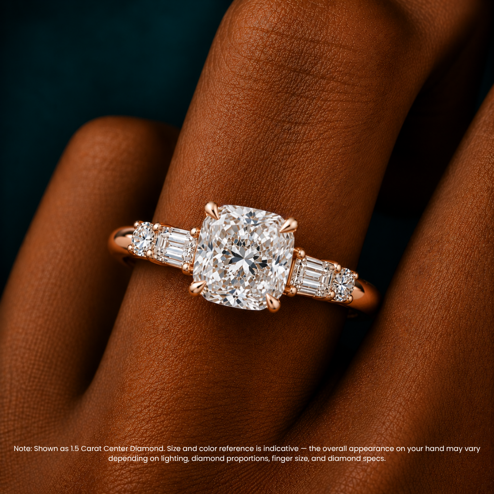 Leona Accents Cushion (Round and Baguette Side Stones) Lab Grown Diamond Engagement Ring in 18K Gold