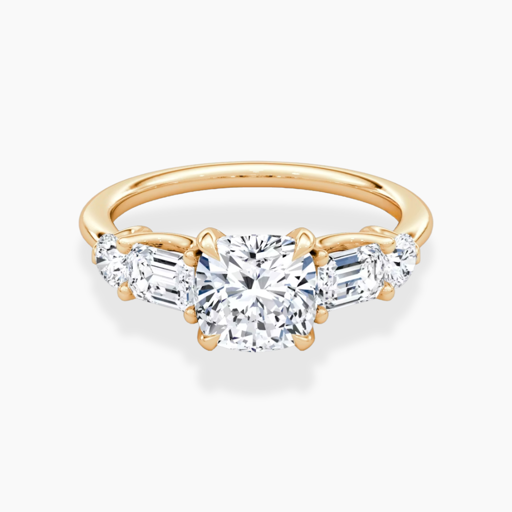 Leona Accents Cushion (Round and Baguette Side Stones) Lab Grown Diamond Engagement Ring in 18K Gold