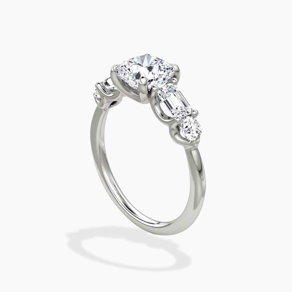 Leona Accents Cushion (Round and Baguette Side Stones) Lab Grown Diamond Engagement Ring in 18K Gold