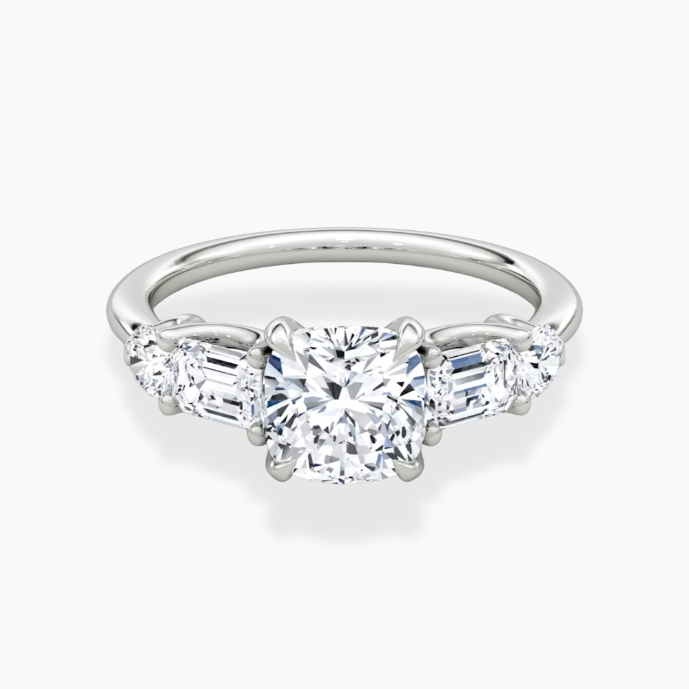 Leona Accents Cushion (Round and Baguette Side Stones) Lab Grown Diamond Engagement Ring in 18K Gold