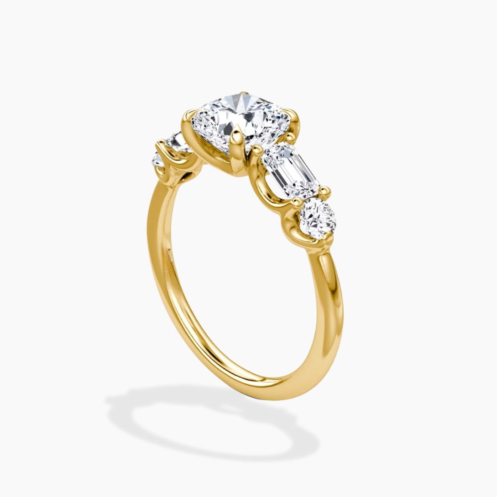 Leona Accents Cushion (Round and Baguette Side Stones) Lab Grown Diamond Engagement Ring in 18K Gold
