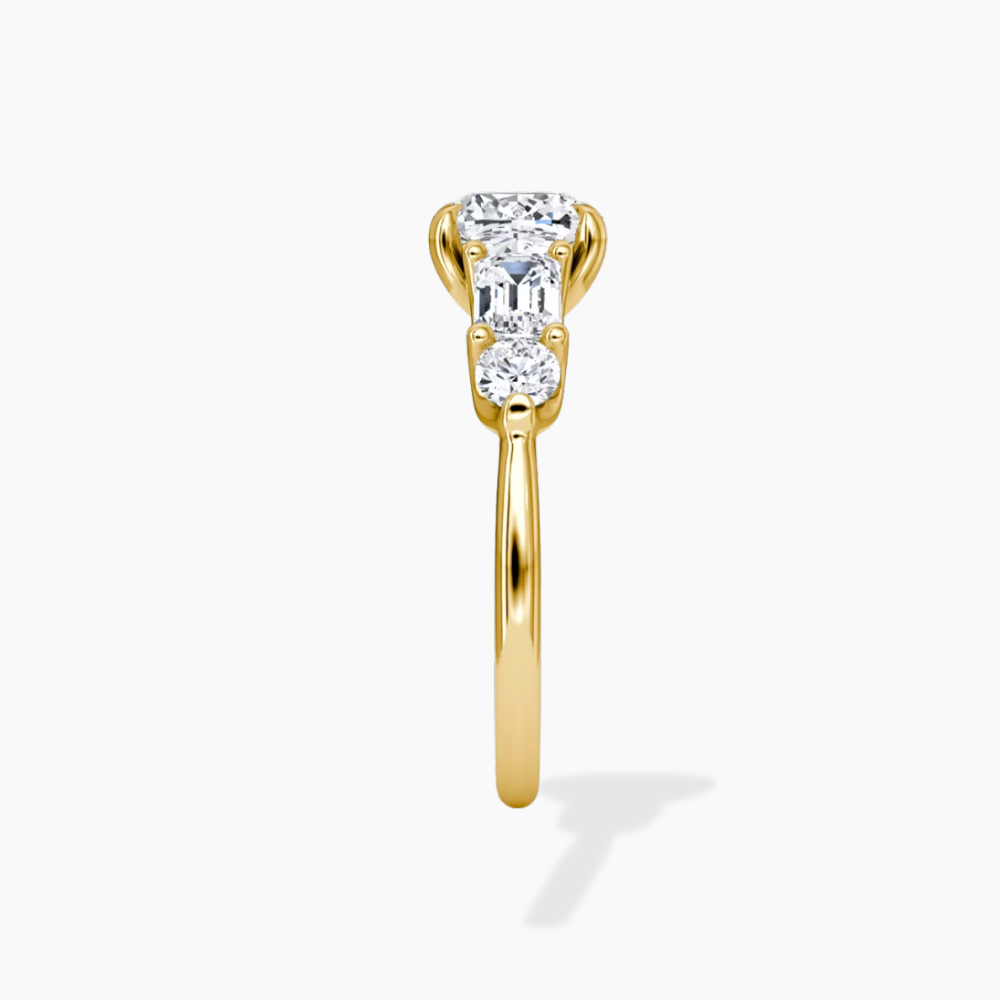 Leona Accents Cushion (Round and Baguette Side Stones) Lab Grown Diamond Engagement Ring in 18K Gold