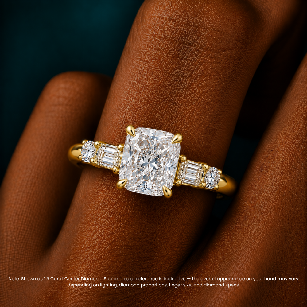 Leona Accents Cushion (Round and Baguette Side Stones) Lab Grown Diamond Engagement Ring in 18K Gold