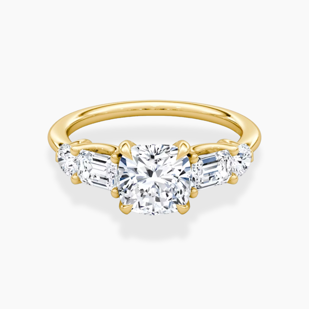 Leona Accents Cushion (Round and Baguette Side Stones) Lab Grown Diamond Engagement Ring in 18K Gold
