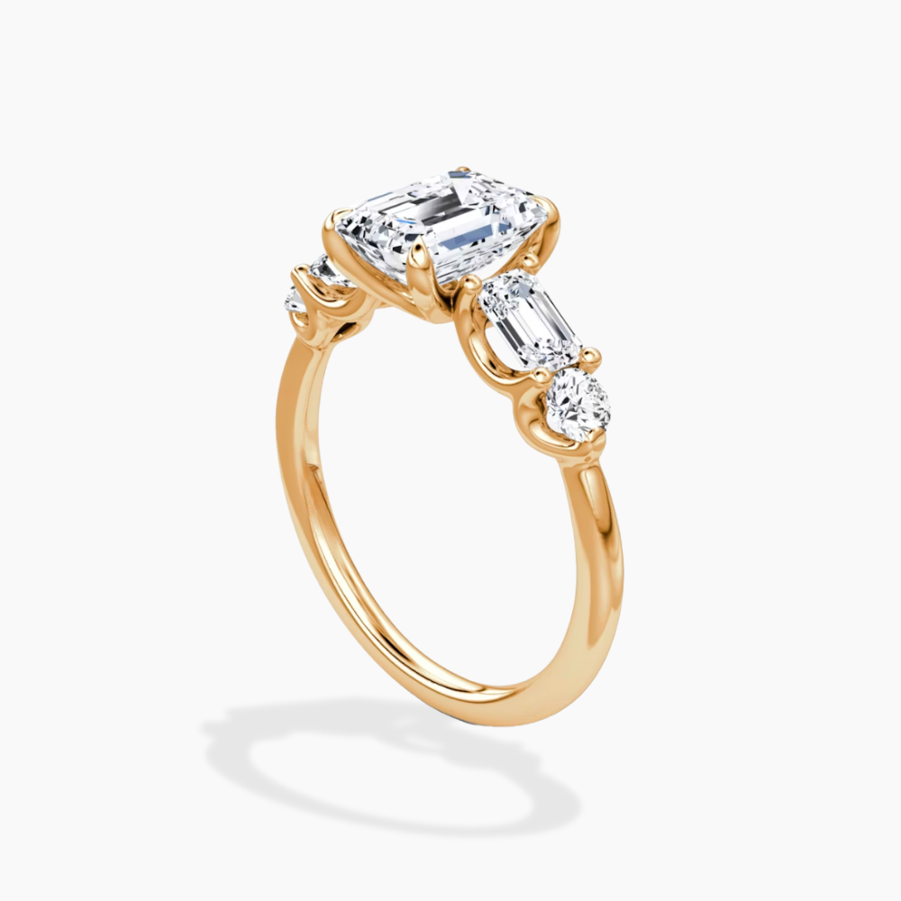 Leona Accents Emerald (Round and Baguette Side Stones) Lab Grown Diamond Engagement Ring in 18K Gold