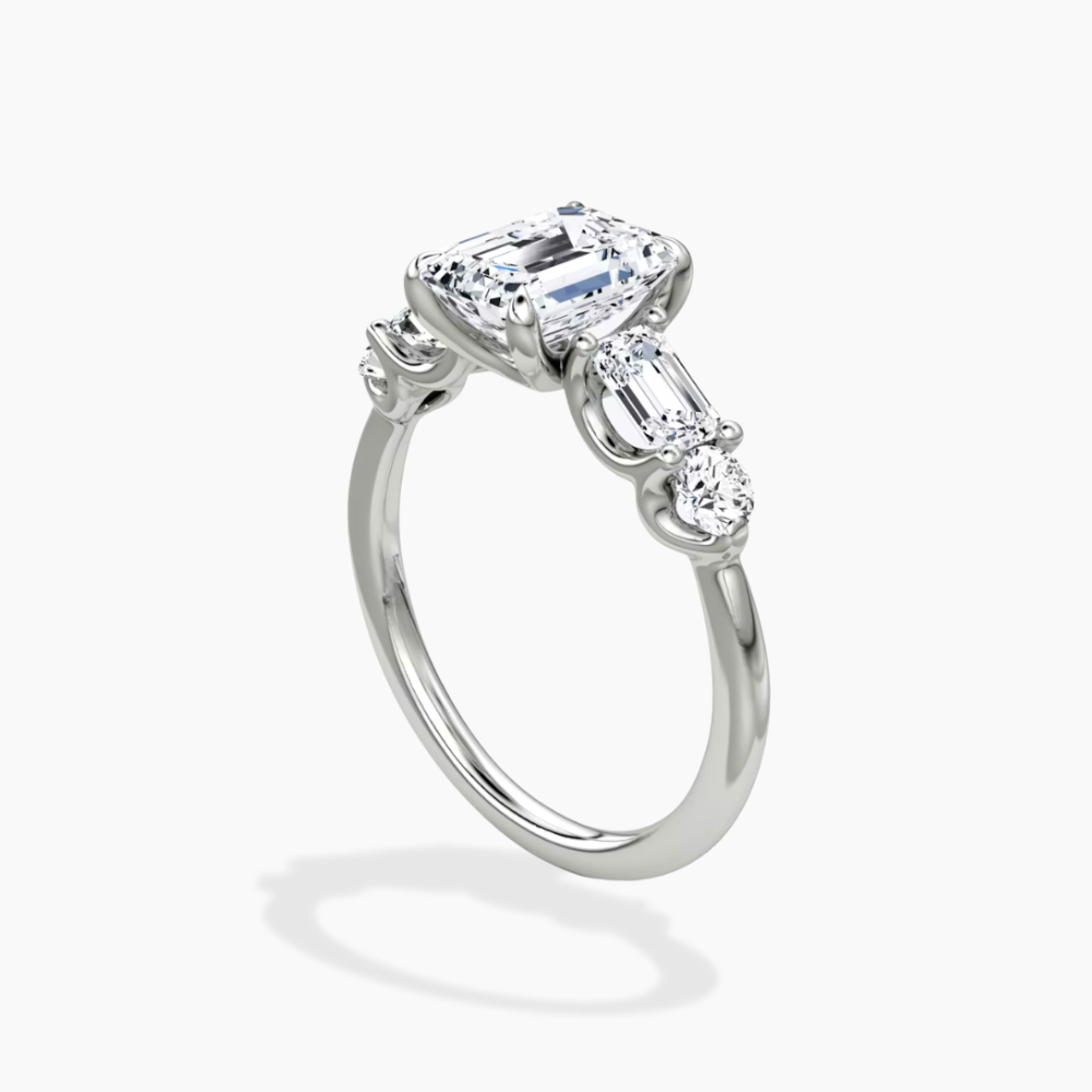 Leona Accents Emerald (Round and Baguette Side Stones) Lab Grown Diamond Engagement Ring in 18K Gold