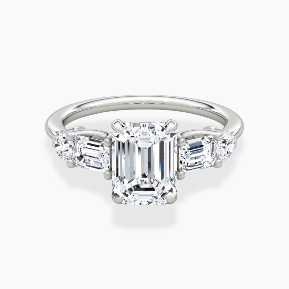 Leona Accents Emerald (Round and Baguette Side Stones) Lab Grown Diamond Engagement Ring in 18K Gold