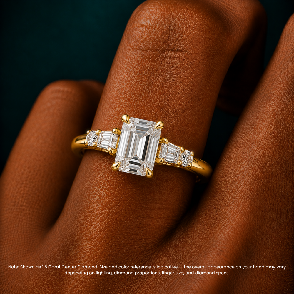 Leona Accents Emerald (Round and Baguette Side Stones) Lab Grown Diamond Engagement Ring in 18K Gold