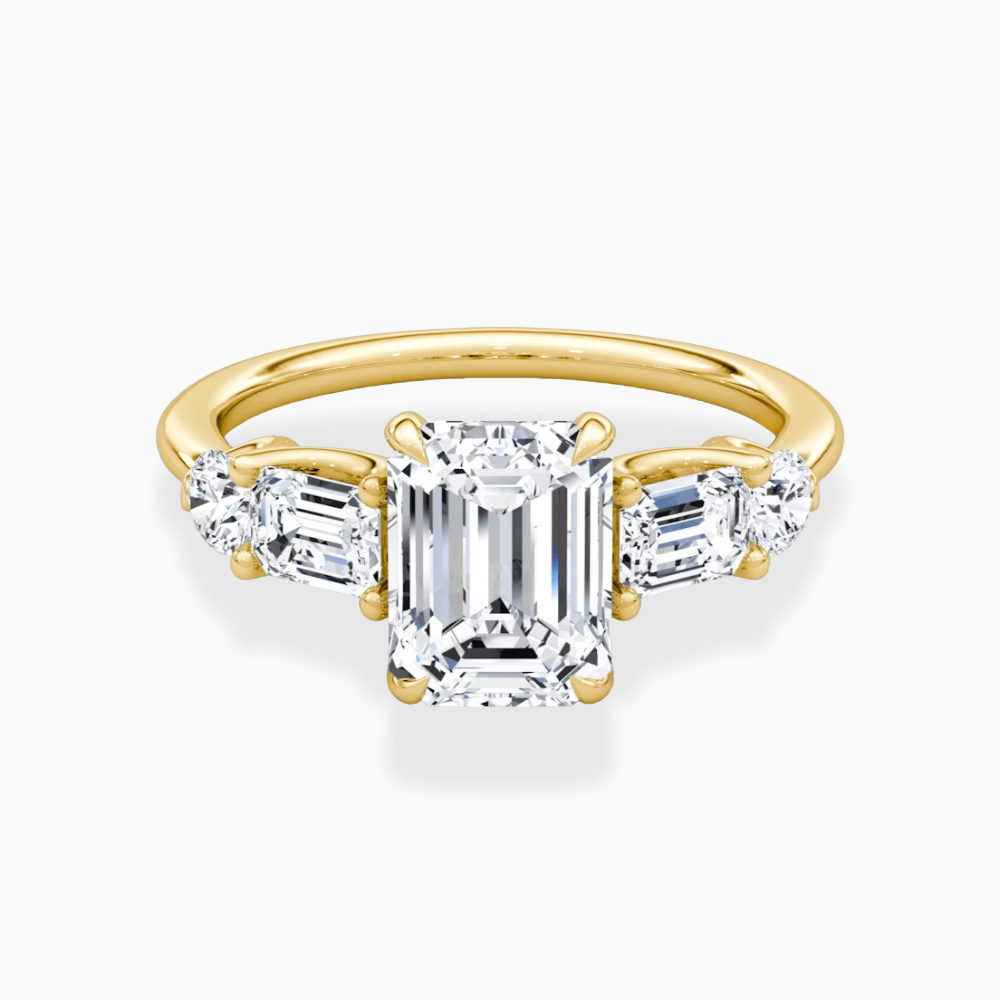 Leona Accents Emerald (Round and Baguette Side Stones) Lab Grown Diamond Engagement Ring in 18K Gold