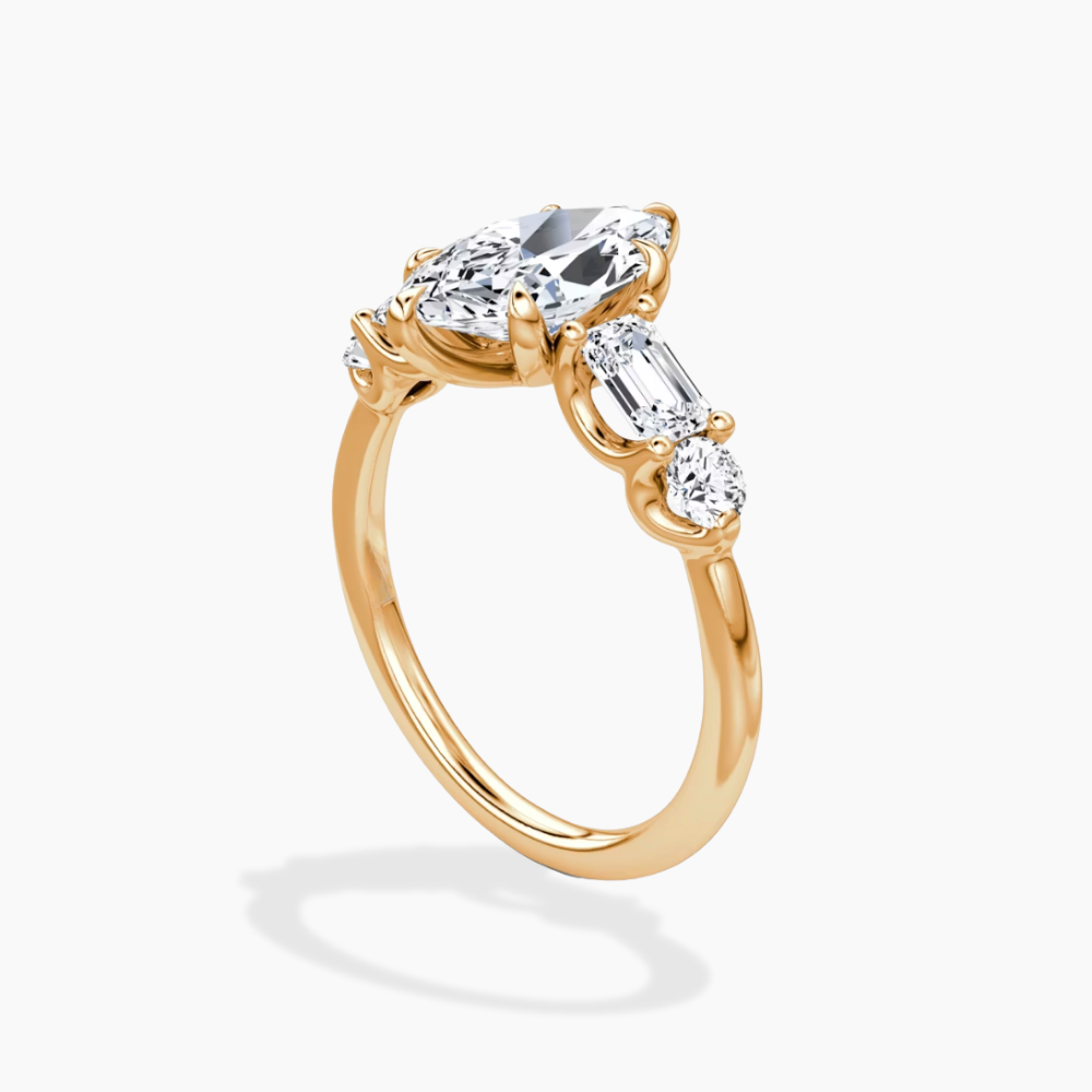 Leona Accents Marquise (Round and Baguette Side Stones) Lab Grown Diamond Engagement Ring in 18K Gold