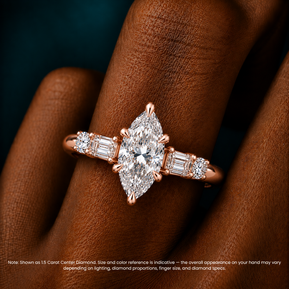 Leona Accents Marquise (Round and Baguette Side Stones) Lab Grown Diamond Engagement Ring in 18K Gold