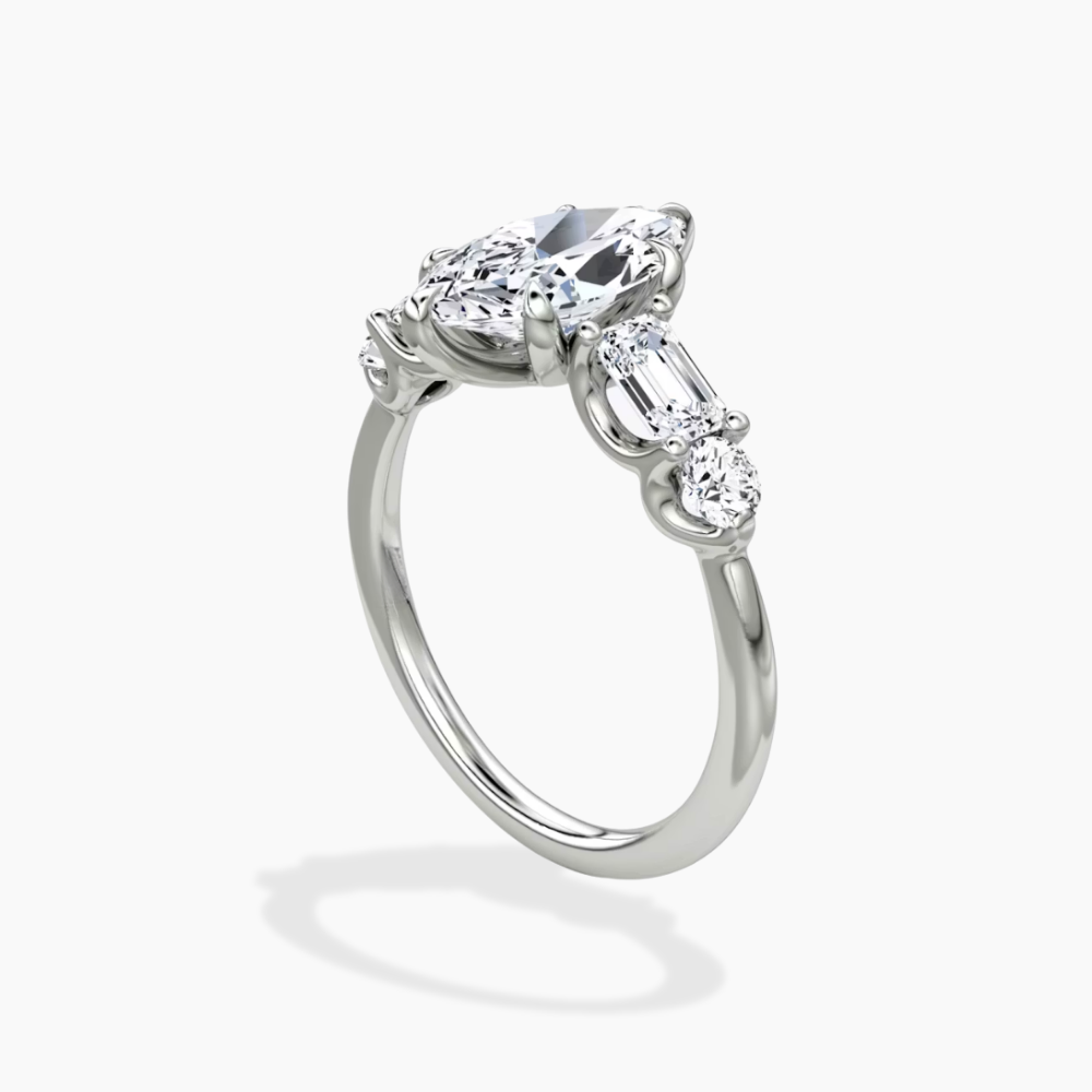 Leona Accents Marquise (Round and Baguette Side Stones) Lab Grown Diamond Engagement Ring in 18K Gold