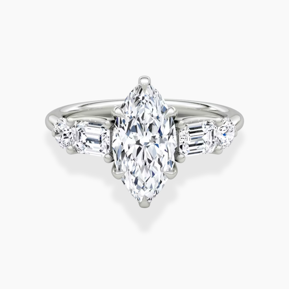Leona Accents Marquise (Round and Baguette Side Stones) Lab Grown Diamond Engagement Ring in 18K Gold
