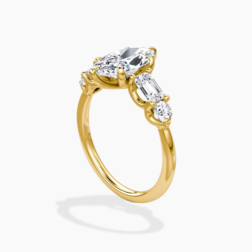 Leona Accents Marquise (Round and Baguette Side Stones) Lab Grown Diamond Engagement Ring in 18K Gold