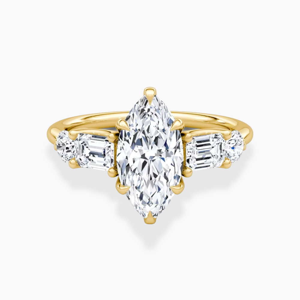 Leona Accents Marquise (Round and Baguette Side Stones) Lab Grown Diamond Engagement Ring in 18K Gold