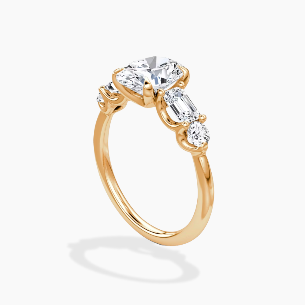 Leona Accents Oval (Round and Baguette Side Stones) Lab Grown Diamond Engagement Ring in 18K Gold