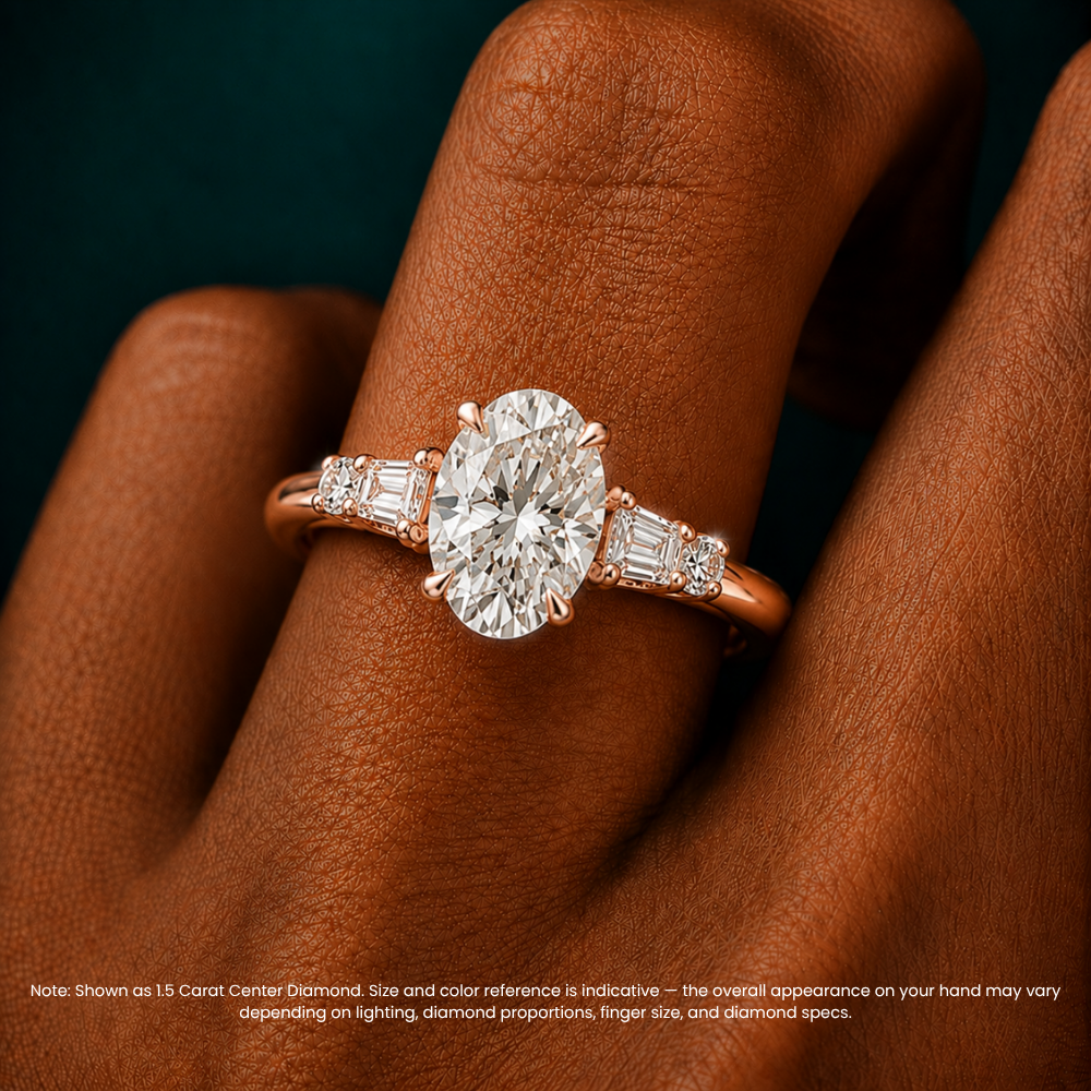 Leona Accents Oval (Round and Baguette Side Stones) Lab Grown Diamond Engagement Ring in 18K Gold
