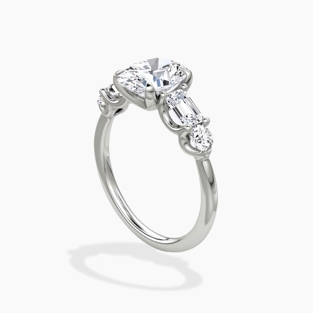 Leona Accents Oval (Round and Baguette Side Stones) Lab Grown Diamond Engagement Ring in 18K Gold