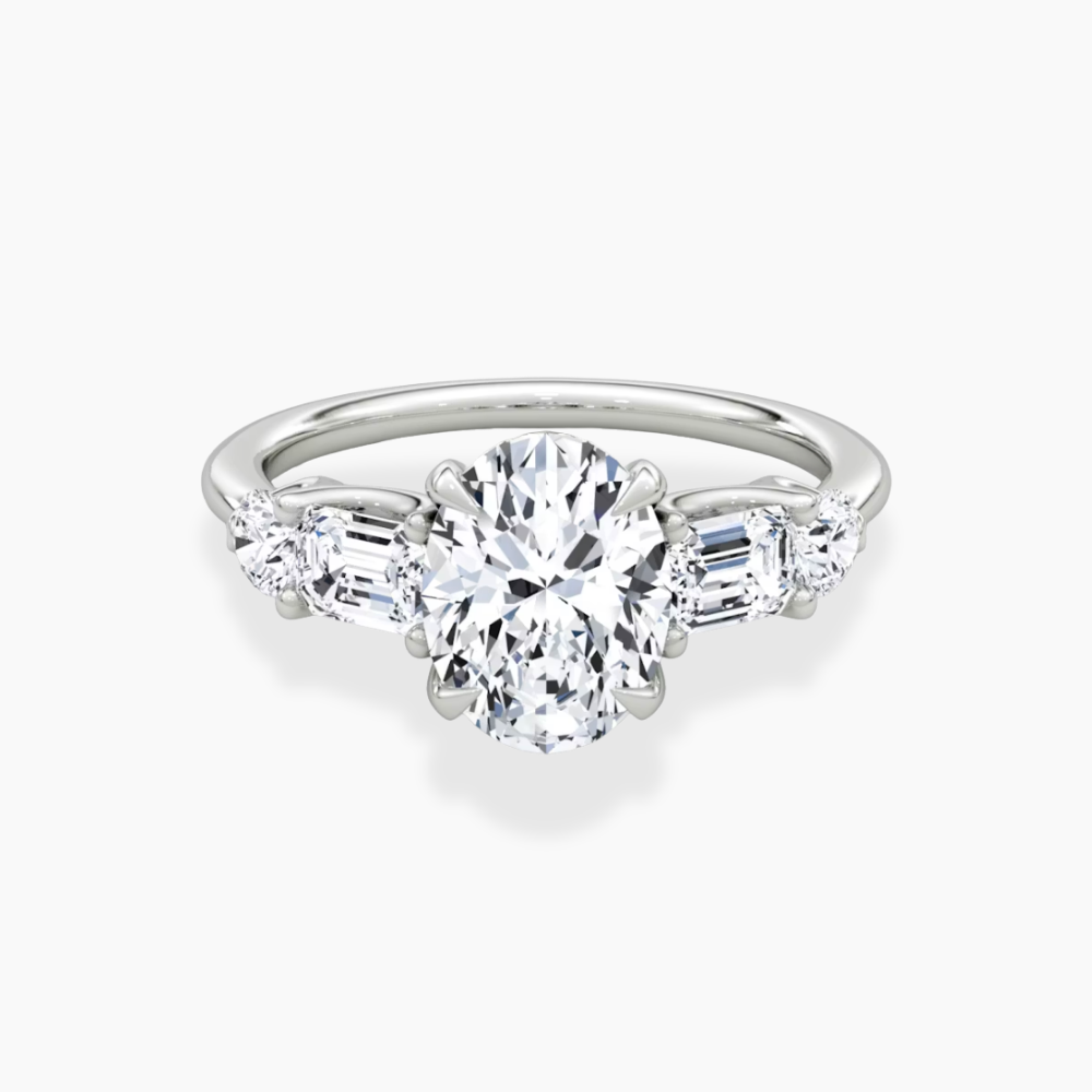 Leona Accents Oval (Round and Baguette Side Stones) Lab Grown Diamond Engagement Ring in 18K Gold