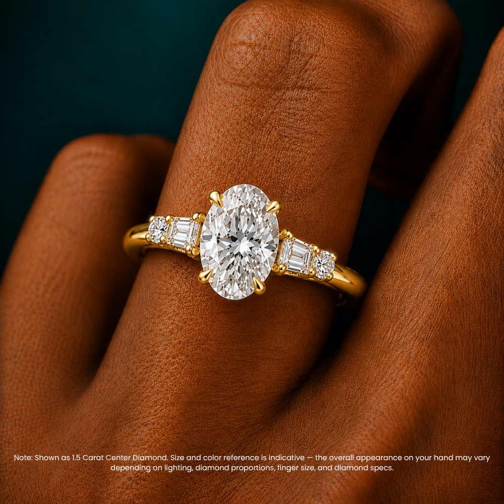 Leona Accents Oval (Round and Baguette Side Stones) Lab Grown Diamond Engagement Ring in 18K Gold