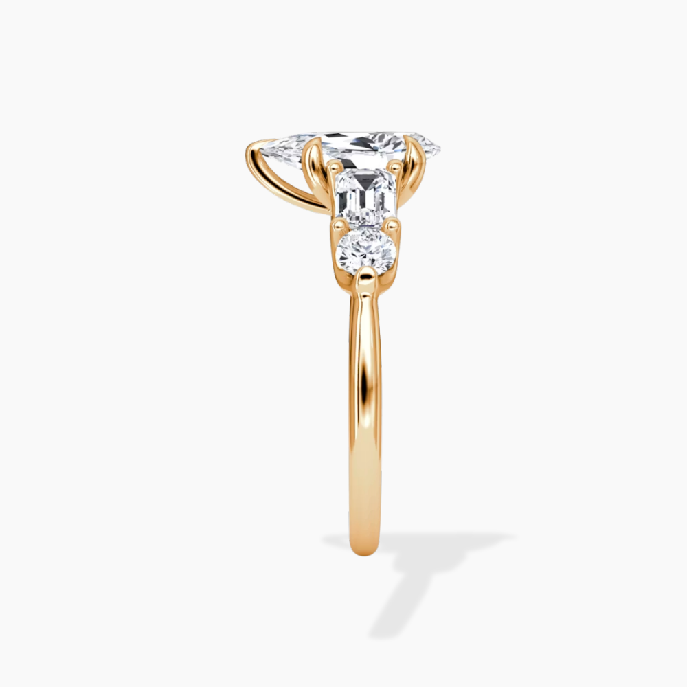 Leona Accents Pear (Round and Baguette Side Stones) Lab Grown Diamond Engagement Ring in 18K Gold