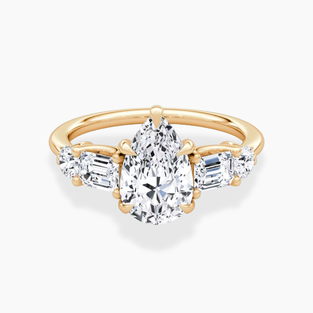 Leona Accents Pear (Round and Baguette Side Stones) Lab Grown Diamond Engagement Ring in 18K Gold