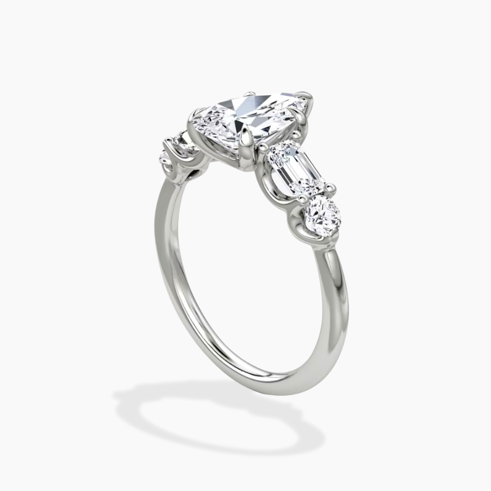 Leona Accents Pear (Round and Baguette Side Stones) Lab Grown Diamond Engagement Ring in 18K Gold