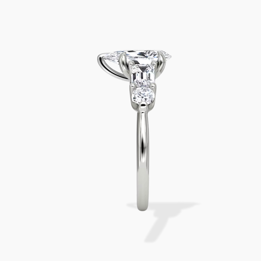 Leona Accents Pear (Round and Baguette Side Stones) Lab Grown Diamond Engagement Ring in 18K Gold