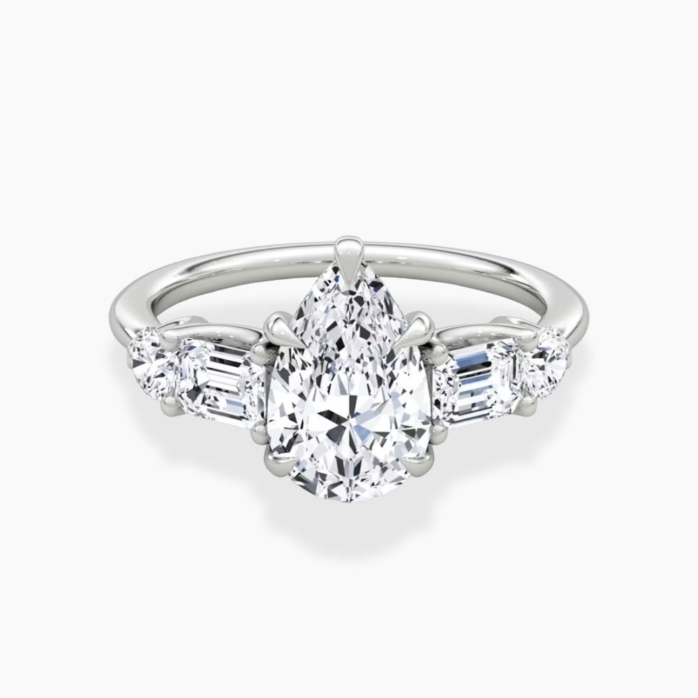 Leona Accents Pear (Round and Baguette Side Stones) Lab Grown Diamond Engagement Ring in 18K Gold