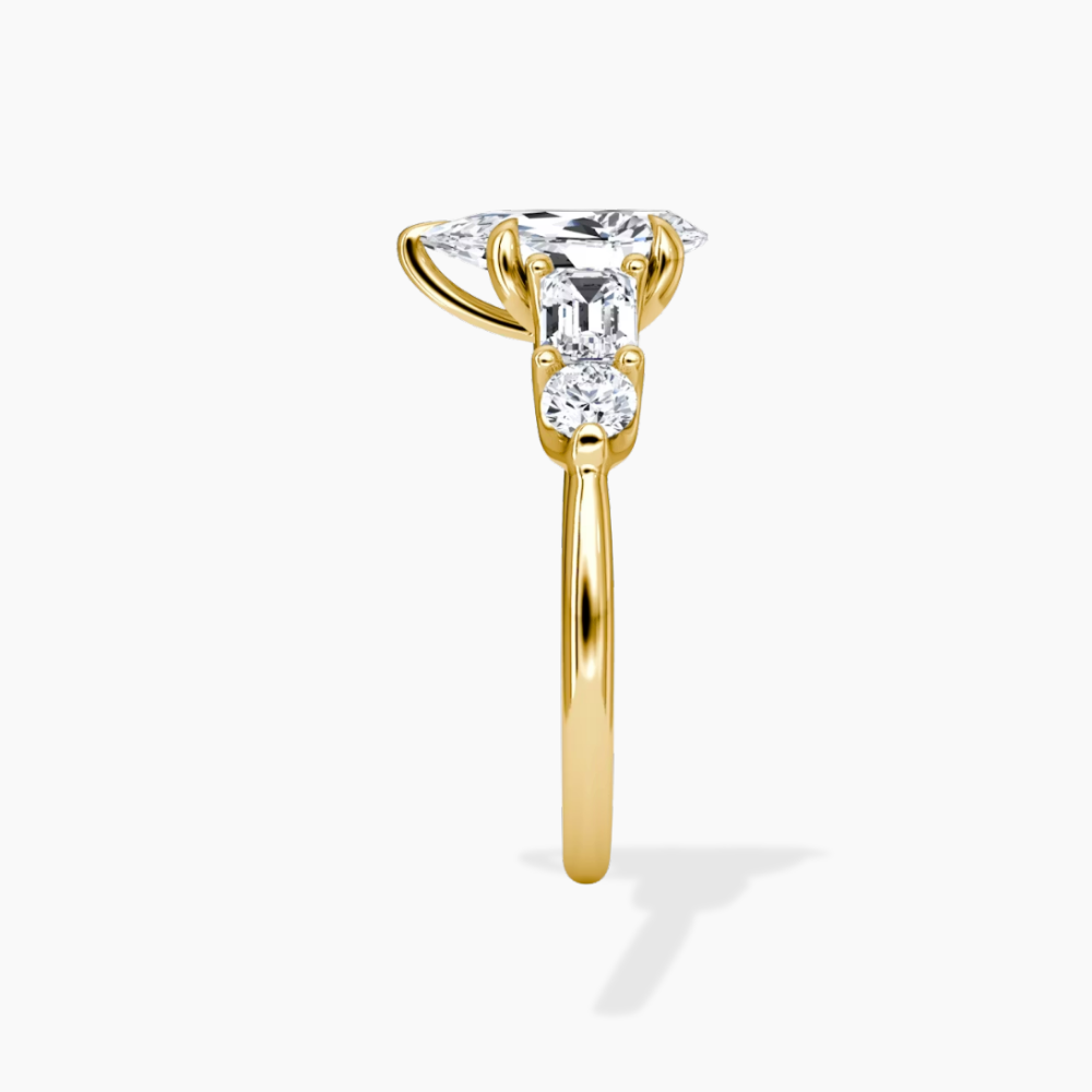 Leona Accents Pear (Round and Baguette Side Stones) Lab Grown Diamond Engagement Ring in 18K Gold