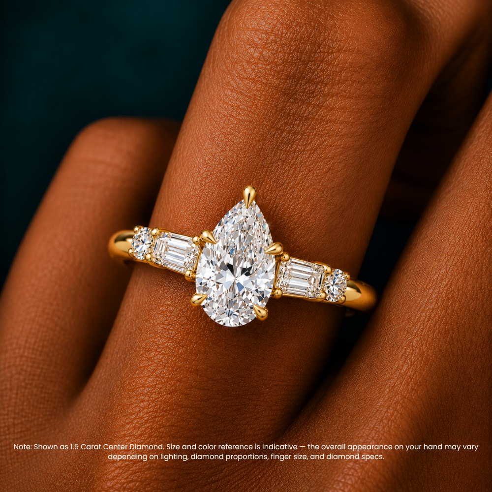 Leona Accents Pear (Round and Baguette Side Stones) Lab Grown Diamond Engagement Ring in 18K Gold