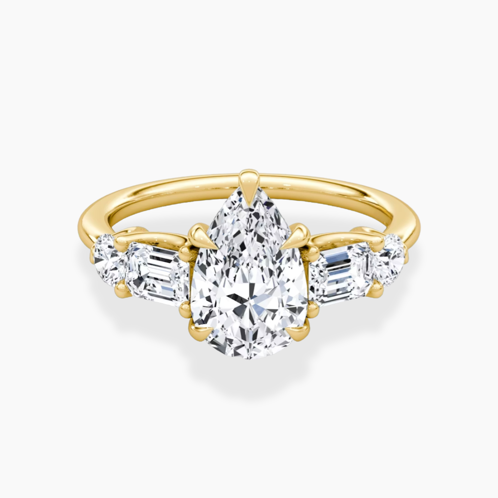 Leona Accents Pear (Round and Baguette Side Stones) Lab Grown Diamond Engagement Ring in 18K Gold