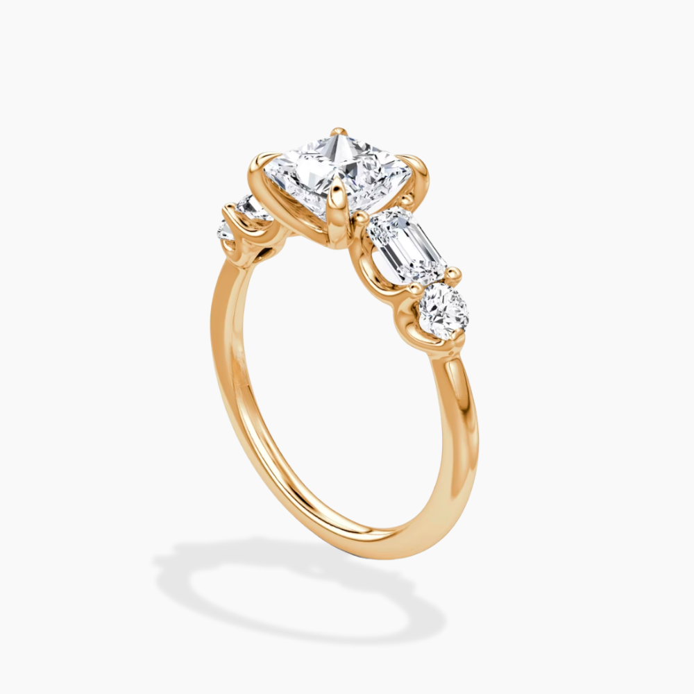 Leona Accents Princess (Round and Baguette Side Stones) Lab Grown Diamond Engagement Ring in 18K Gold