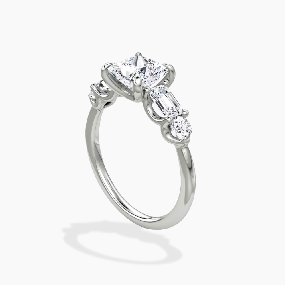 Leona Accents Princess (Round and Baguette Side Stones) Lab Grown Diamond Engagement Ring in 18K Gold