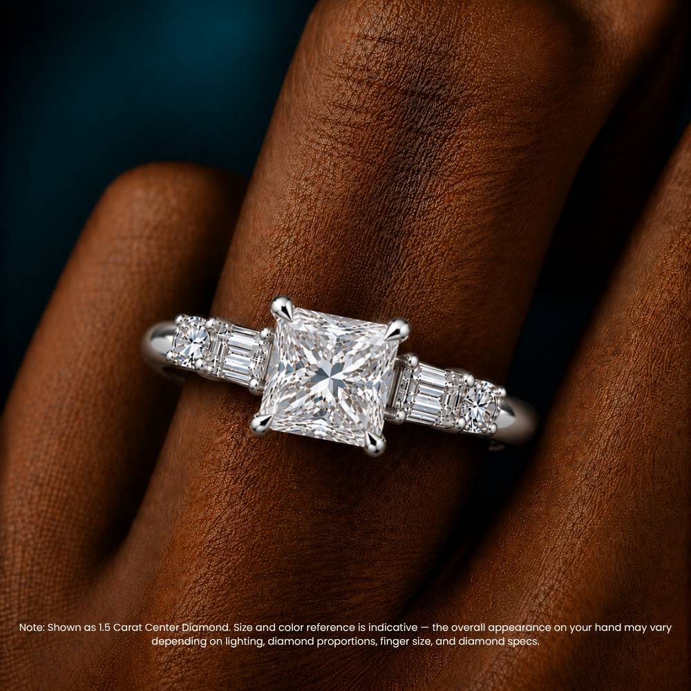 Leona Accents Princess (Round and Baguette Side Stones) Lab Grown Diamond Engagement Ring in 18K Gold